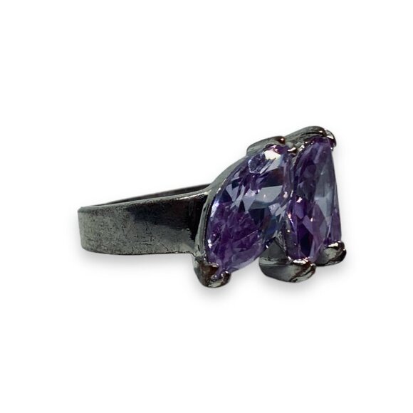 Vintage Lavender Purple Oval 3 Stone Sparkling Statement Ring Size 7 1/4 - Picture 6 of 6